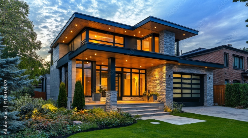 A contemporary urban house with a sleek design, large windows, and a minimalist front garden. A contemporary urban house with a sleek design, large windows, and a minimalist front garden.