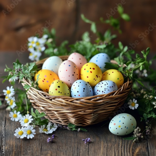 A cozy Easter scene with a basket full of colorful eggs, surrounded by small spring blooms and fresh greenery, all placed on a wooden table.