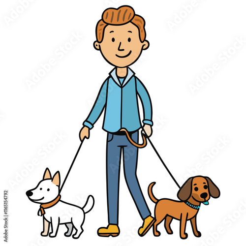 Happy person walking three dogs, each with a different leash isolated on white background