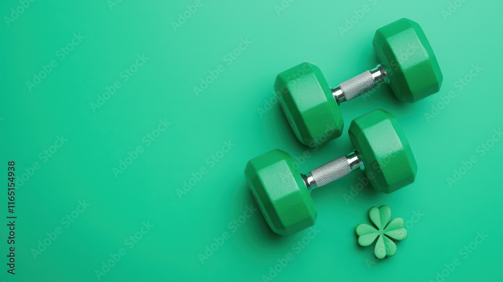 Green Dumbbells and Four Leaf Clover on Vibrant Green Background Green Dumbbells and Four Leaf Clover on Vibrant Green Background