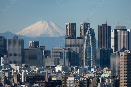 Photography Mount Fuji viewed from Tokyo high rise on a clear sky day, Tokyo, Japan