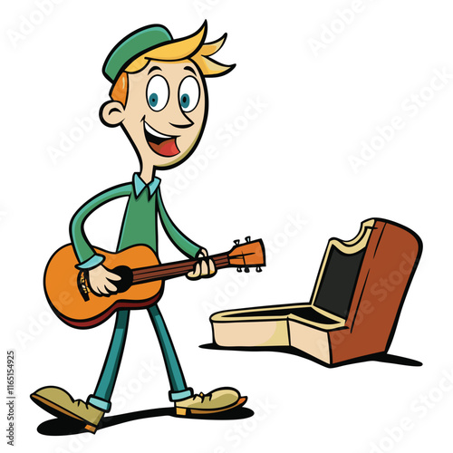 Guitarist playing on a sidewalk with an open guitar case for tips isolated on white background