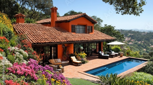 Orange villa with pool, garden, and scenic view.