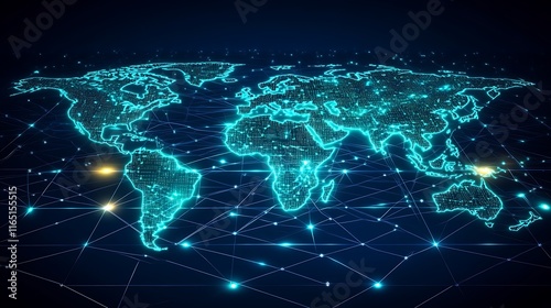 A world map with a radiant network mesh overlay, bright nodes marking data centers, seamless glowing connections spanning continents, sharp digital gridlines, and vivid neon hues of blue and green,