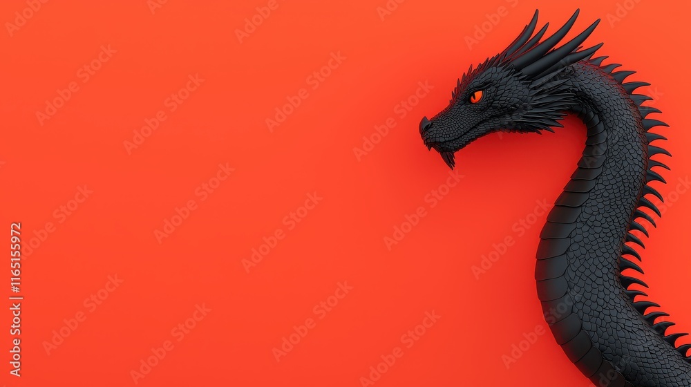 Naklejka premium Black Dragon Head with Spiky Scales on Vibrant Orange Background