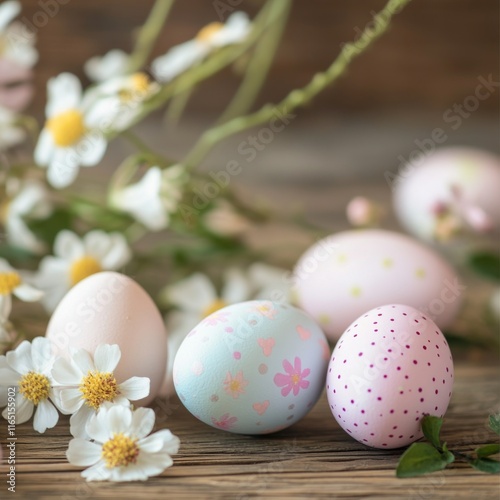 A festive display of Easter eggs and spring flowers on a wooden table, with soft pastel colors creating a warm, welcoming atmosphere.