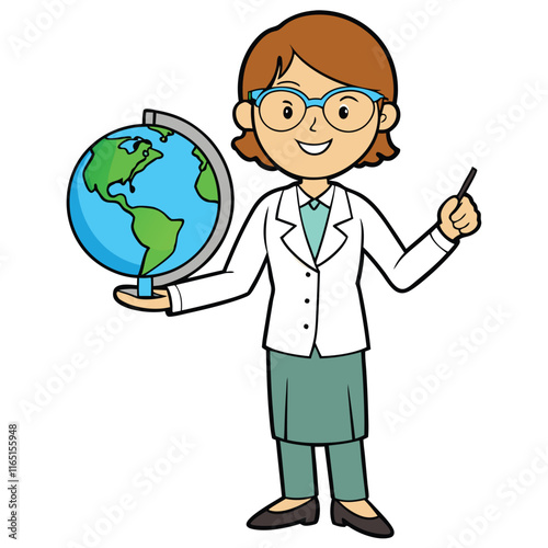 Female teacher holding a globe pointing to a map isolated on white background