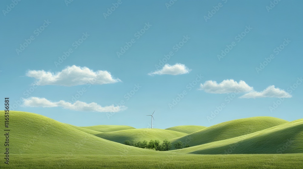 Serene Green Hills With Wind Turbine And Blue Sky