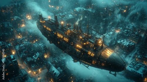 Steampunk airship flying over a snow-covered city at night.