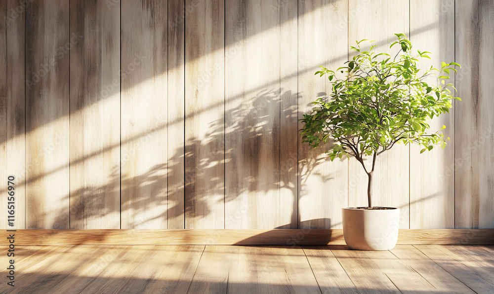 Rustic wooden floor with a large potted plant casting intricate shadows on a vertical wooden wall with Copyspace for product mockups and design layouts