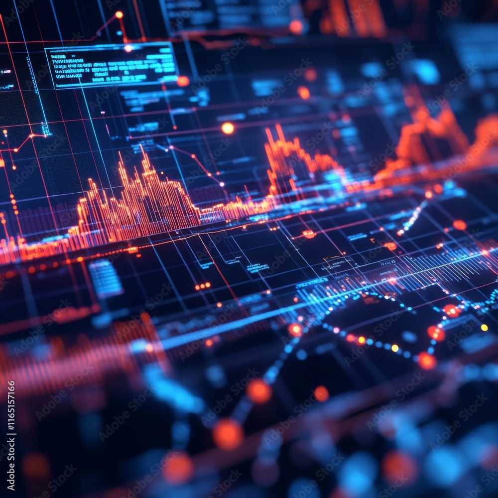 Fototapeta premium A glowing digital graph with fluctuating stock prices, surrounded by holographic forex exchange rates and market data.