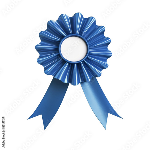 a blue ribbon with a white circle in the center