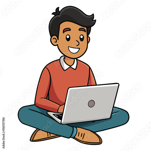 College student sitting on the ground using a laptop isolated on white background