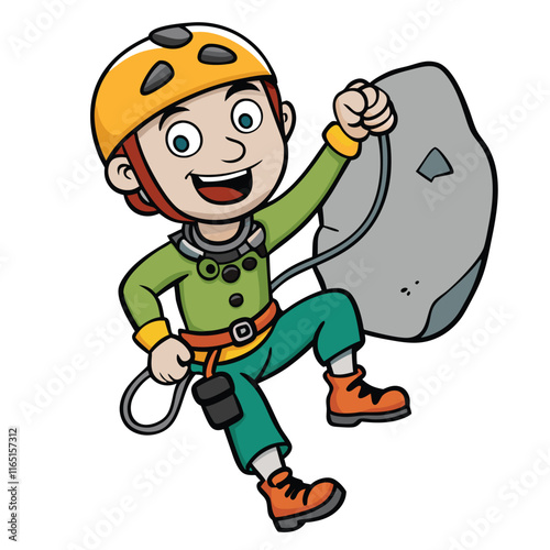 A climber holding onto a rock wearing climbing gear isolated on white background