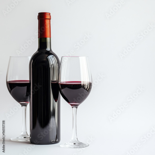 bottle of red wine with two glasses on white background, perfect for celebrations