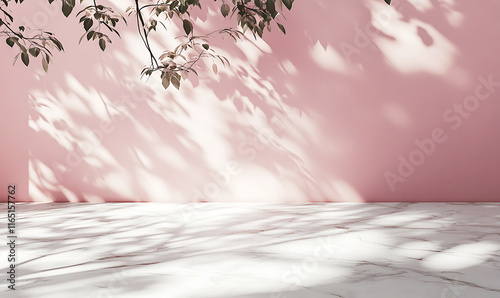 white marble floor with polished reflections and tree shadows stretching over a softly lit pink wall, designed for product displays, branding, and Copyspace text areas.