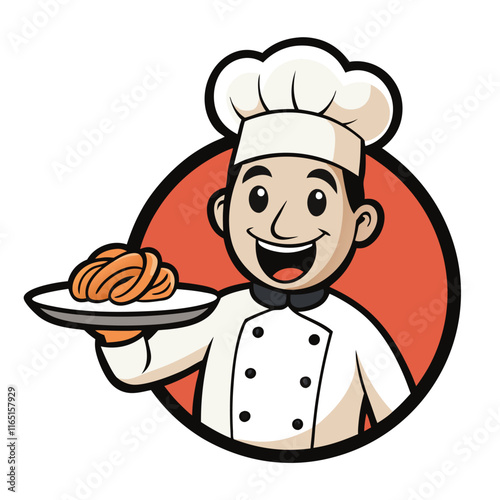 A chef holding a plate of pasta, smiling confidently isolated on white background