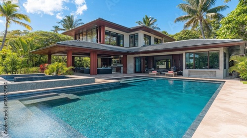 Wallpaper Mural A luxurious modern home with a large pool in the backyard, surrounded by palm trees and a scenic view. Torontodigital.ca