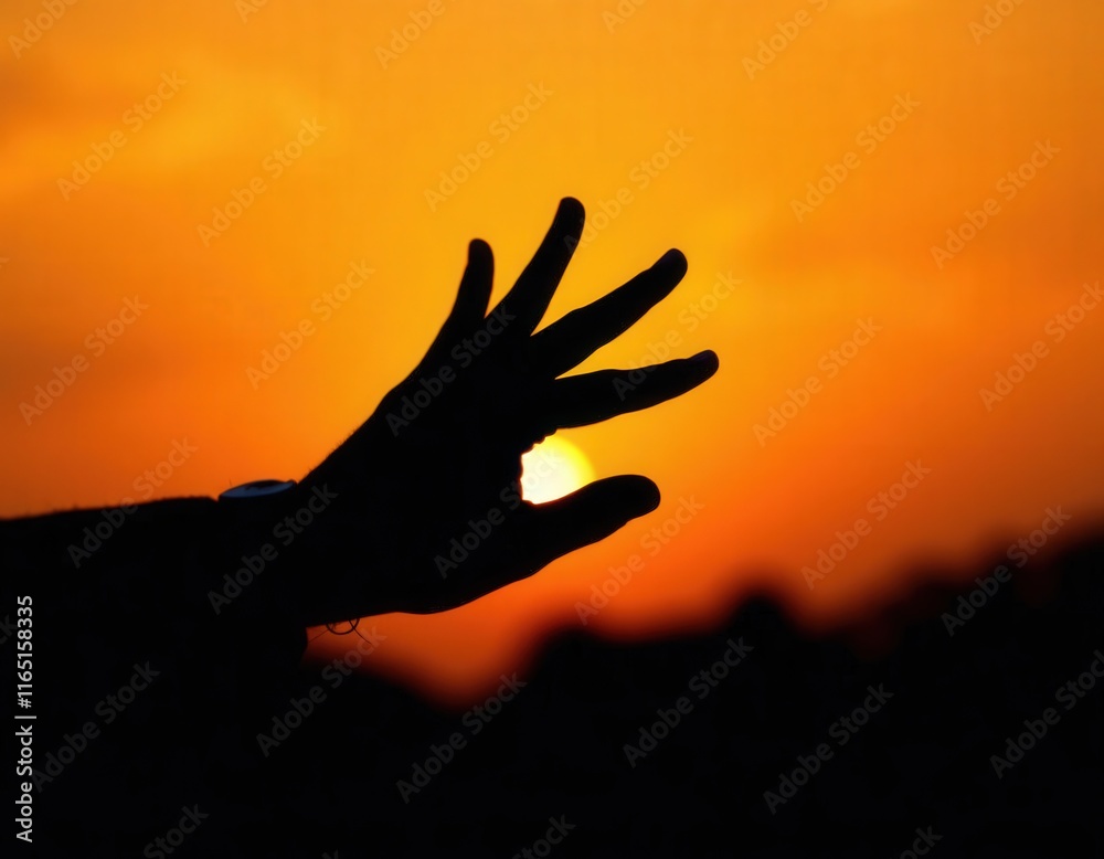 Hand silhouette with sunset background Hand silhouette with sunset background