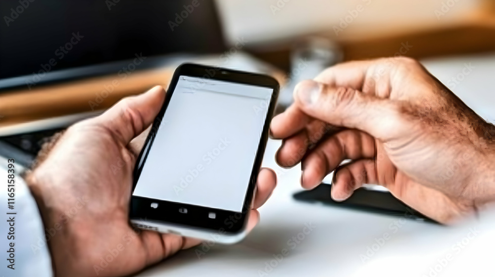 White smartphone screen mockup of a hand holding a device with fingers tapping and pointing against a white background