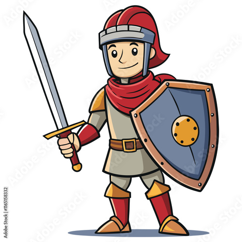 A brave knight in shining armor holding a sword and armor isolated on white background
