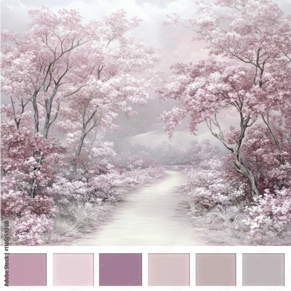 serene landscape featuring soft pink trees and tranquil path, evoking dreamy atmosphere serene landscape featuring soft pink trees and tranquil path, evoking dreamy atmosphere