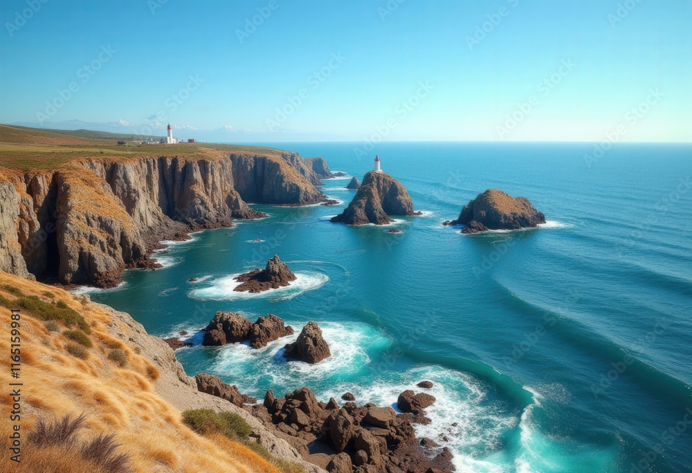 Lighthouse on rocky shore overlooking ocean Lighthouse on rocky shore overlooking ocean