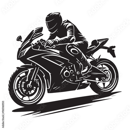 Motorcycling Silhouette Vector Illustration, Solid White Background.