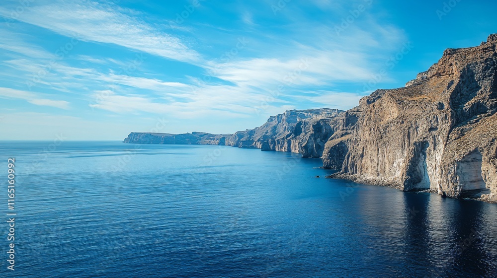Naklejka premium Dramatic coastal cliffs and azure sea under a vibrant blue sky.