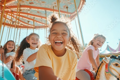 Joyful girls laughing on a vibrant carousel, enjoying a sunny day at the amusement park.