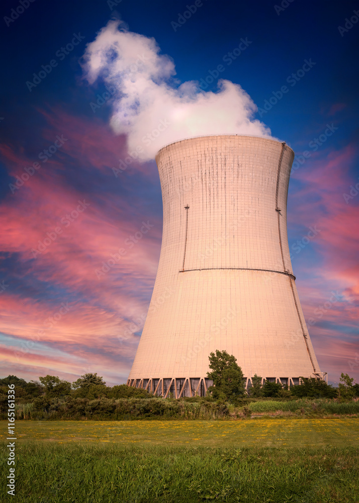 nuclear reactor Cooling Tower at Dawn at Ohio Power Plant on Lake Erie nuclear reactor Cooling Tower at Dawn at Ohio Power Plant on Lake Erie