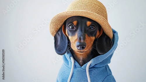 On a sleek white background, a dachshund poses coolly in a lightweight summer hoodie and straw hat. The studio's minimalist aesthetic puts all the focus on the dog’s trendy summer outfit. photo