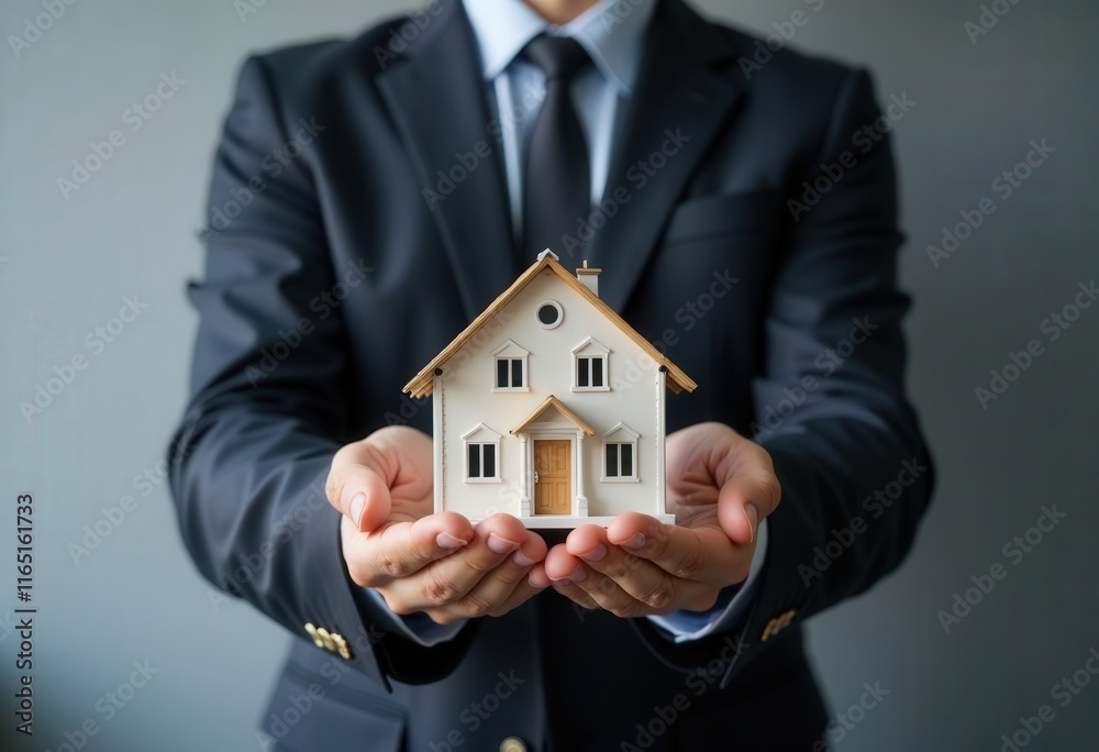 Person in suit holding small house model Person in suit holding small house model