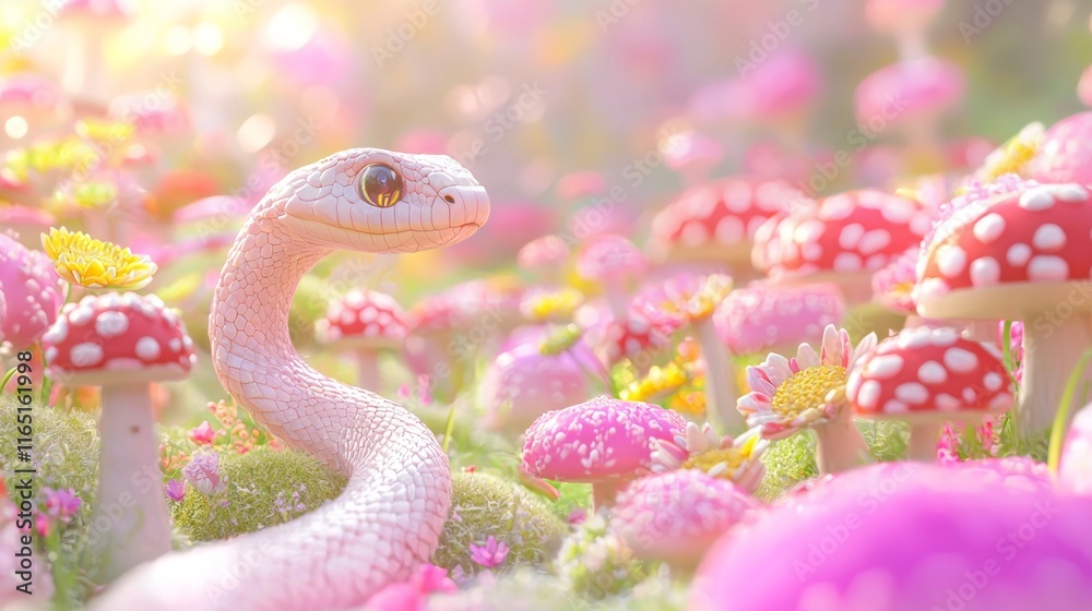 Fototapeta premium Enchanting Year of the Snake: Whimsical 3D Render in a Colorful Toadstool Garden for Charming Wallpaper