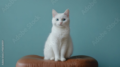 A White Cat with Striking Blue Eyes Sits Calmly photo