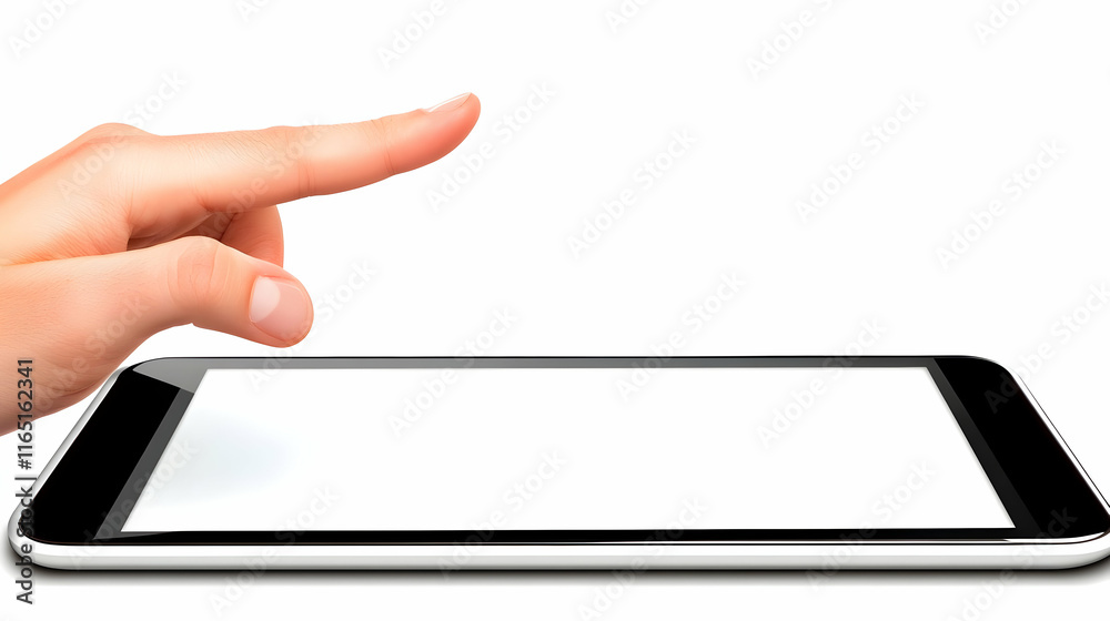 White smartphone screen mockup of a hand holding a device with fingers tapping and pointing against a white background White smartphone screen mockup of a hand holding a device with fingers tapping and pointing against a white background