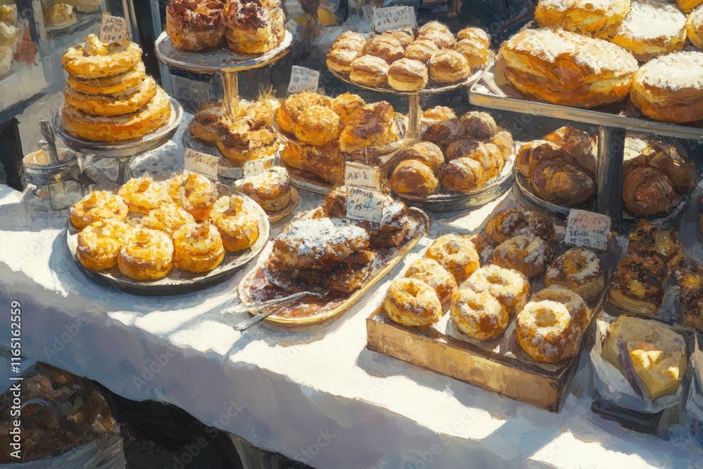 A sunny day at a bakery showcasing various pastries and donuts, a delightful array of golden-brown treats. A sunny day at a bakery showcasing various pastries and donuts, a delightful array of golden-brown treats.