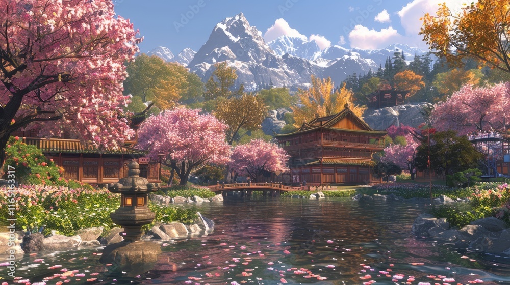 Obraz premium Tranquil Japanese Garden with Traditional Houses, Bridge, and Stunning Mountain View in Spring