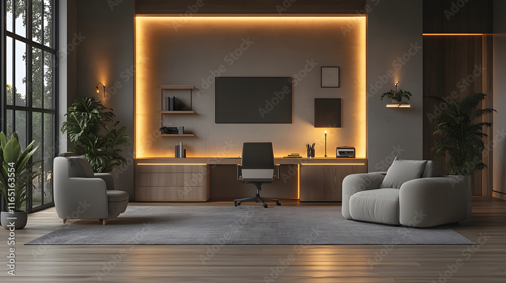 Fototapeta premium Well-organized Scandinavian workspace with a sleek desk, minimalist decor, and soft lighting