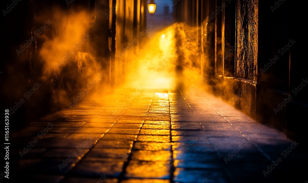 Mysterious foggy alley at night, illuminated by lamplight. Mysterious foggy alley at night, illuminated by lamplight.