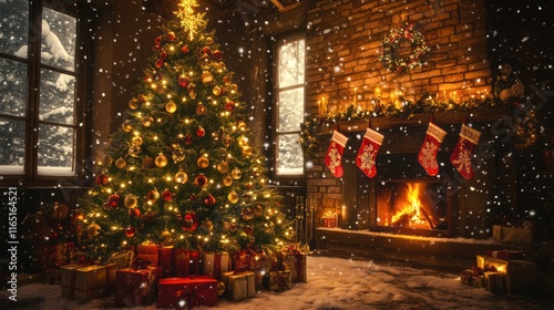 A Magical Christmas Eve: Festive Tree, Cozy Fireplace, and Falling Snow photo