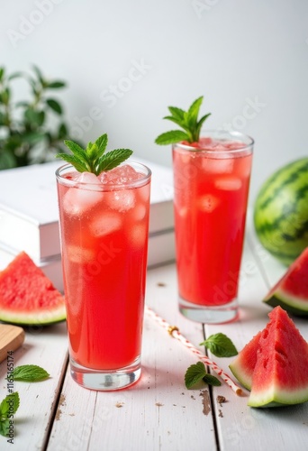 Wallpaper Mural Two watermelon drinks with ice and mint, watermelon slices on table Torontodigital.ca