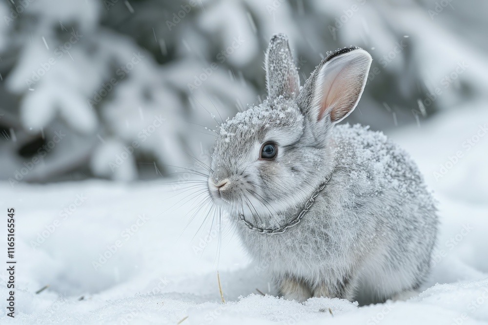 Adorable grey rabbit covered in snow sitting in a snowy winter landscape. Adorable grey rabbit covered in snow sitting in a snowy winter landscape.