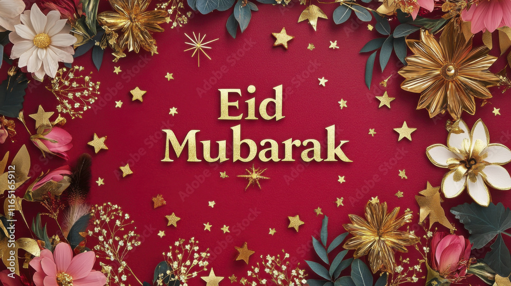 Fototapeta premium Eid Mubarak greeting in vibrant floral setting with gold accents
