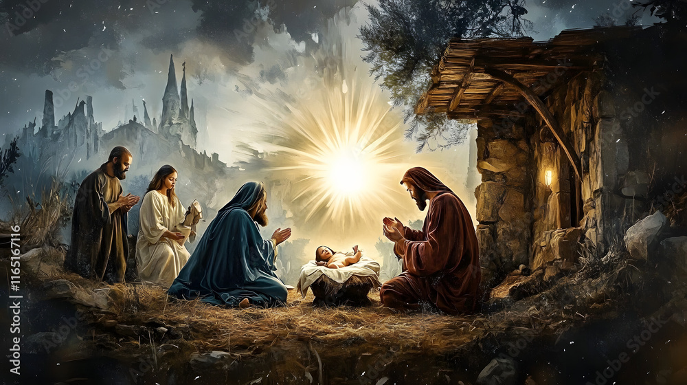 Fototapeta premium Life of Jesus. Birth of Jesus. Digital painting of the Nativity.
