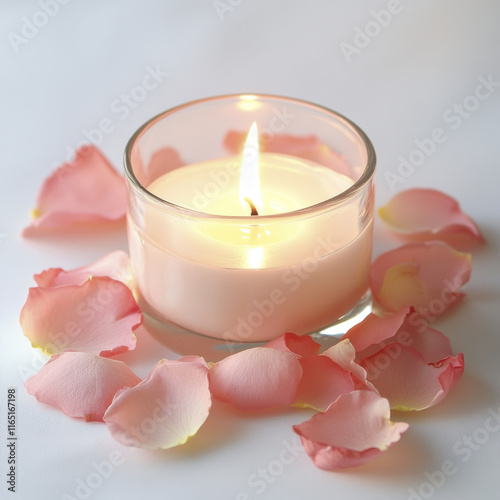 romantic candle arrangement surrounded by soft rose petals creates serene atmosphere