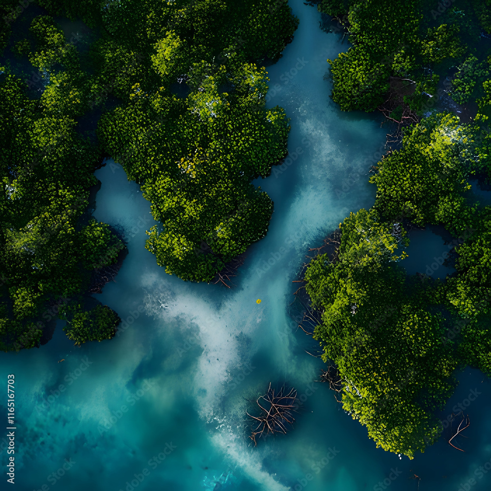 a view of the water from above a forest with trees and a blue water surface. Generative AI a view of the water from above a forest with trees and a blue water surface. Generative AI