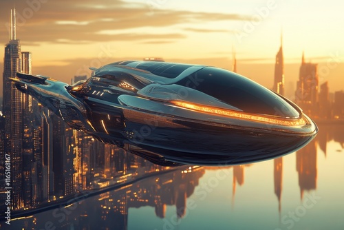Fototapeta Naklejka Na Ścianę i Meble -  Futuristic spaceship flies over a glowing cityscape at sunset.