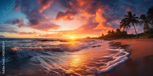 Beautiful tropical beach with palm trees and a sunset sky. The concept of vacation, travel, and summer holiday on a Caribbean island. A banner for background design