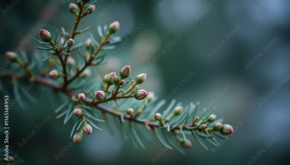 close-up of delicate fir branches, bursting with tender young buds close-up of delicate fir branches, bursting with tender young buds